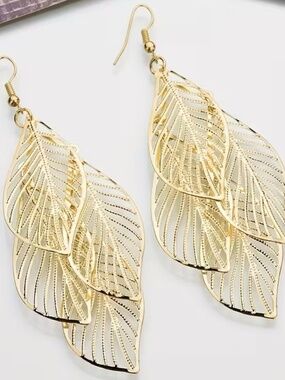 Gold Leaf Statement Earrings Long Dangle Filigree Earrings